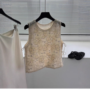 Summer New Vest Beaded Mesh Vest Thin Jacquard Lace Hollow Blouse Outer Sleeveless Top