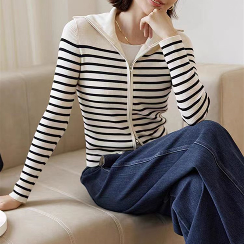 Korean Style Simple Contrasting Color Striped Knitwear Double Zipper Design Cardigan Fashionable Casual Stand Collar Long-Sleeved Top for Women