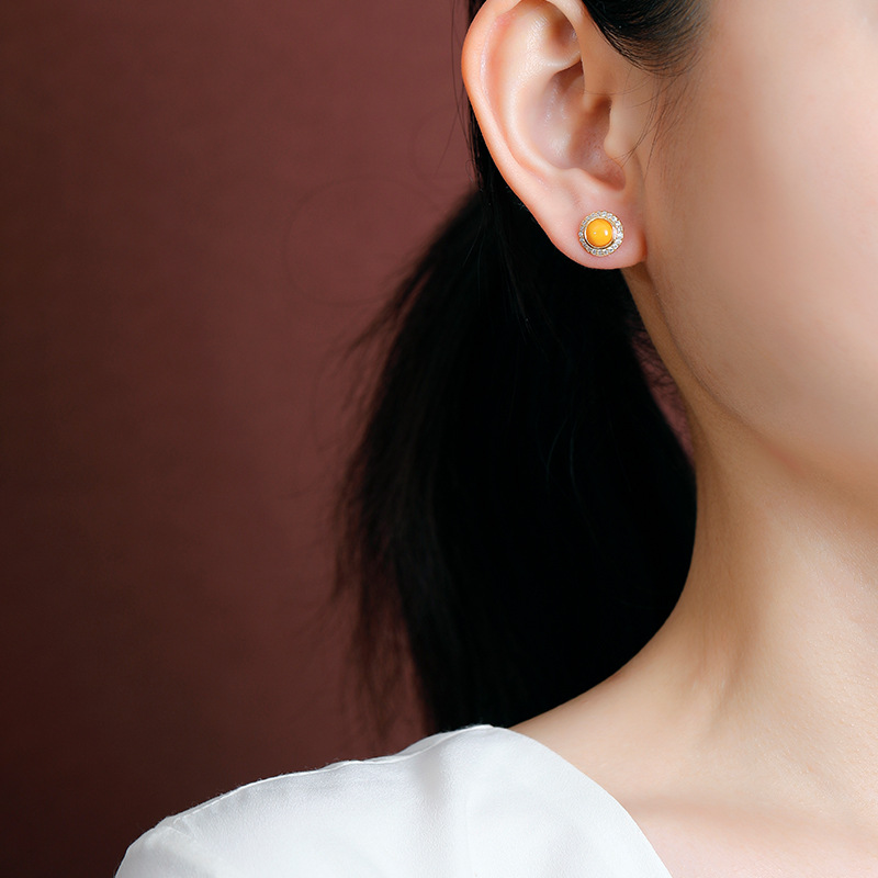 Bông tai bạc S925 tròn đính hạt hổ phách hình học — một cặp
