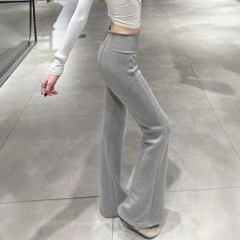 Gray Fleece-Lined Flared Pants for Women, Autumn and Winter, Low-Waisted, Slim-Fitting, Tight-Fitting, Casual Yoga Sports Bootcut Sweatpants