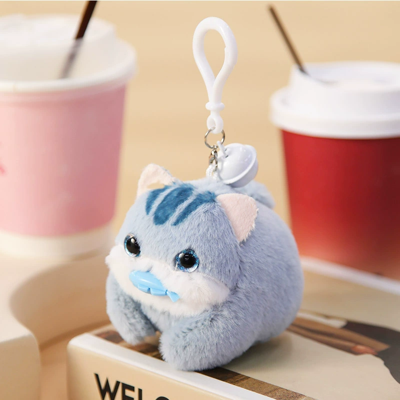 Plush Keychain Doll, Cute Kitty/Rabbit/Panda on Lanyard with Bell, 6.7×6.2×8.2 cm