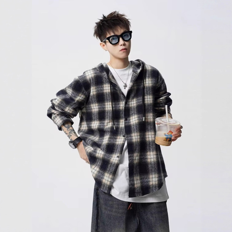 American Retro Plaid Shirt Men's Summer Trendy Brand Design Hooded Shirt High Street Casual Versatile Couple Jacket American Retro Plaid Shirt Men's Summer Trendy Brand Design Hooded Shirt High Street Casual Versatile Couple Jacket