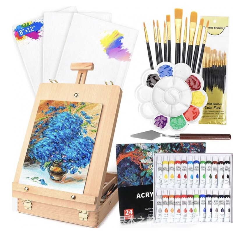 Wooden Painting Stand, Acrylic Paint Storage Box, Brush and Paint Storage Box, Solid Wood Multi-Level Adjustable Drawing Board Stand
