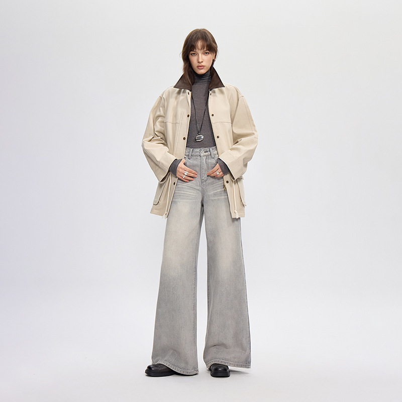 Vintage Silver Gray Wide-Leg Jeans for Women 2025 Winter Pure Cotton Draped Loose Straight Floor-Length Pants Vintage Silver Gray Wide-Leg Jeans for Women 2025 Winter Pure Cotton Draped Loose Straight Floor-Length Pants