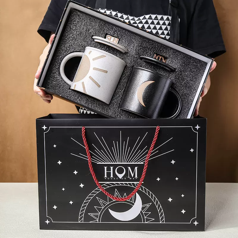 复古马克杯礼盒装 粗陶黑白情侣对杯情人节伴手礼品带盖水杯陶瓷