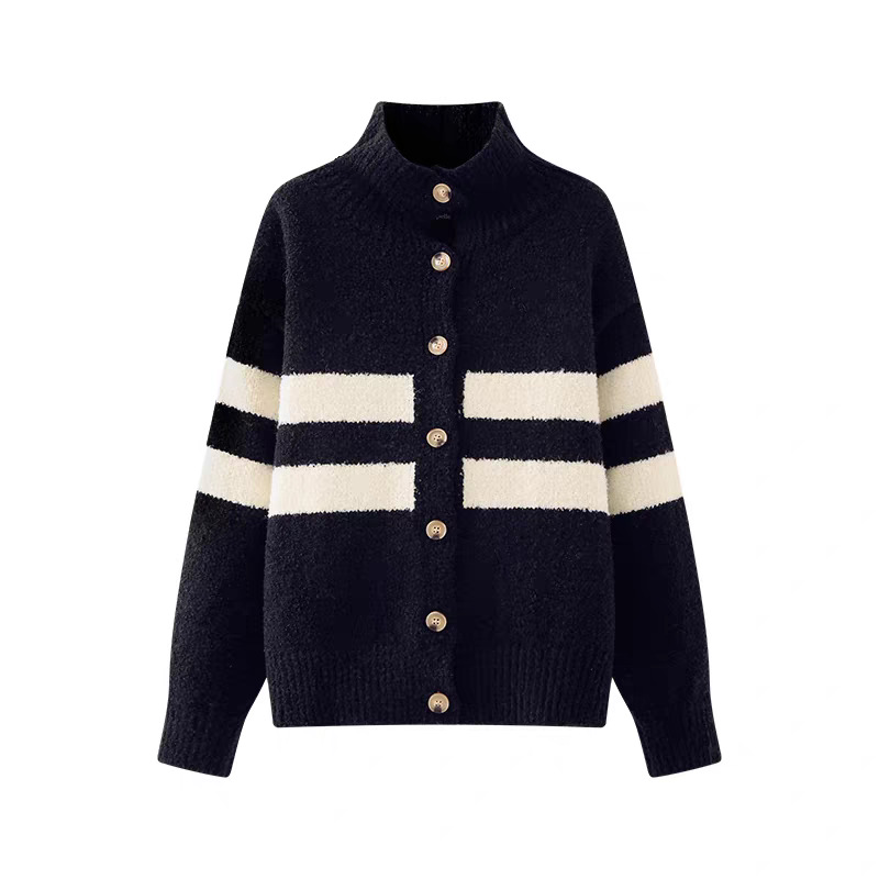 Retro japonés de cuello alto negro y blanco a rayas de punto Cardigan mujeres otoño invierno suéter glutinoso suave abrigo perezoso