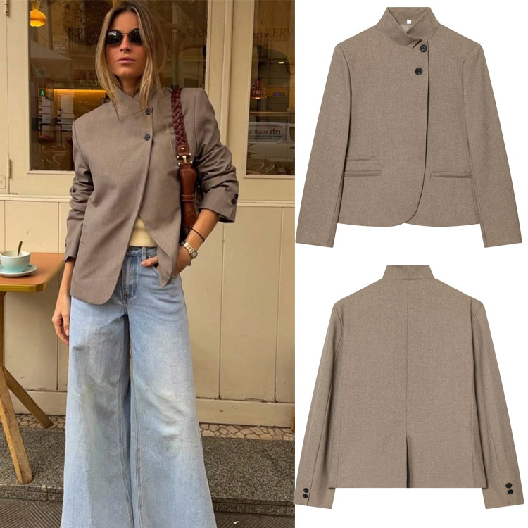 Cross-Border Women's Clothing Foreign Trade Spring New Style European and American Fashion Versatile High-Neck Blazer