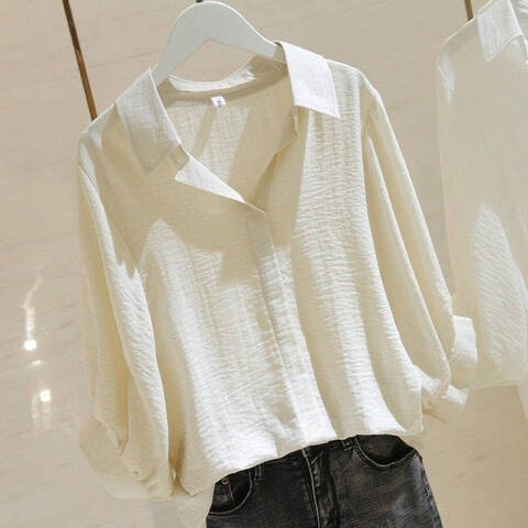 V-Neck White Loose Shirt for Women, New Summer Style, Simple Pullover, Short Front and Long Back, Cotton Batwing Sleeve Shirt