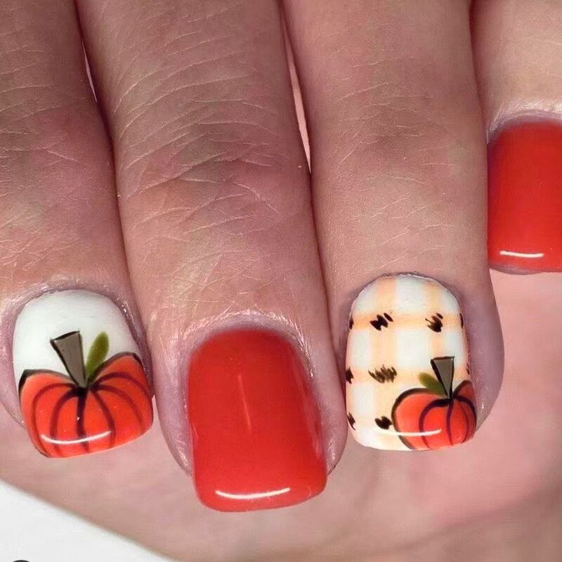 New Foreign Trade Hot-Selling Nail Art Patches Thanksgiving Pumpkin Pattern Design Short European Square Wearable Nail Patches