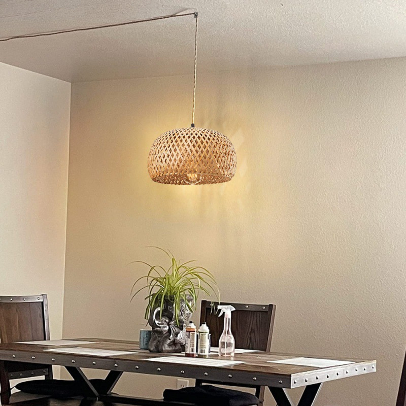 新款跨境复古餐厅民宿茶室卧室床头禅意灯罩diy竹艺编织麻绳吊灯