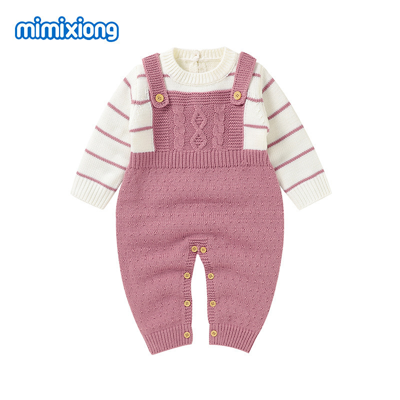 ins热卖新款婴幼童针织条纹假两件哈衣爬服|undefined
