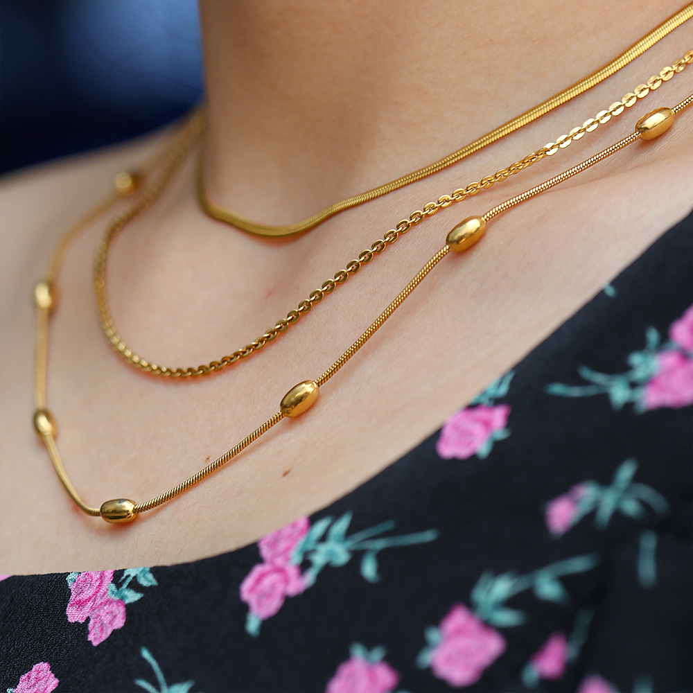 18K Real Gold Plated Plating Material 304 Stainless Steel Pendant Material Wholesale Jewelry Simple Style Solid Color Titanium Steel Plating Three Layer Necklace