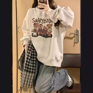 420克重磅华棉加绒美式小熊印花圆领宽松卫衣女秋冬新款套头上衣