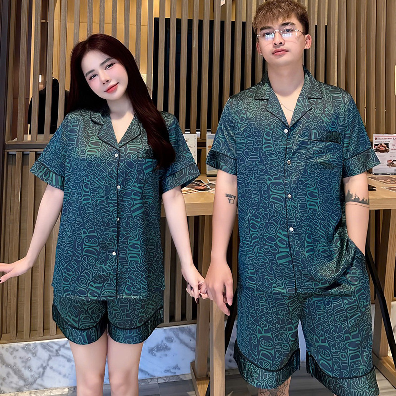2026 New Ice Silk Couple Pajamas Green Double g Simple Casual Short-Sleeved Shorts Can Be Worn Outside Home Wear Set
