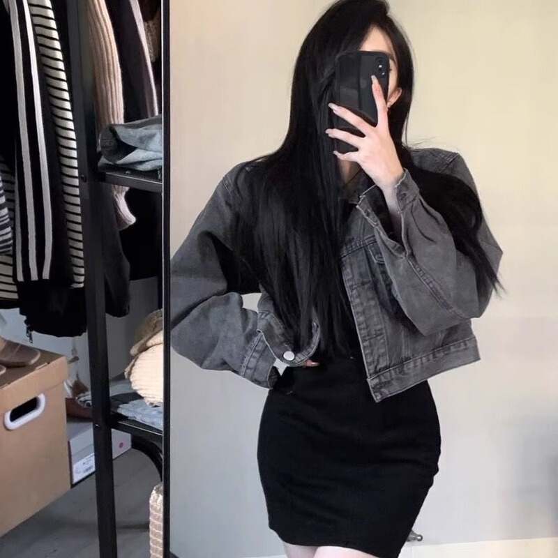 High-end retro black and gray Denim coat women's spring and autumn small loose slimming cardigan jacket plus size top