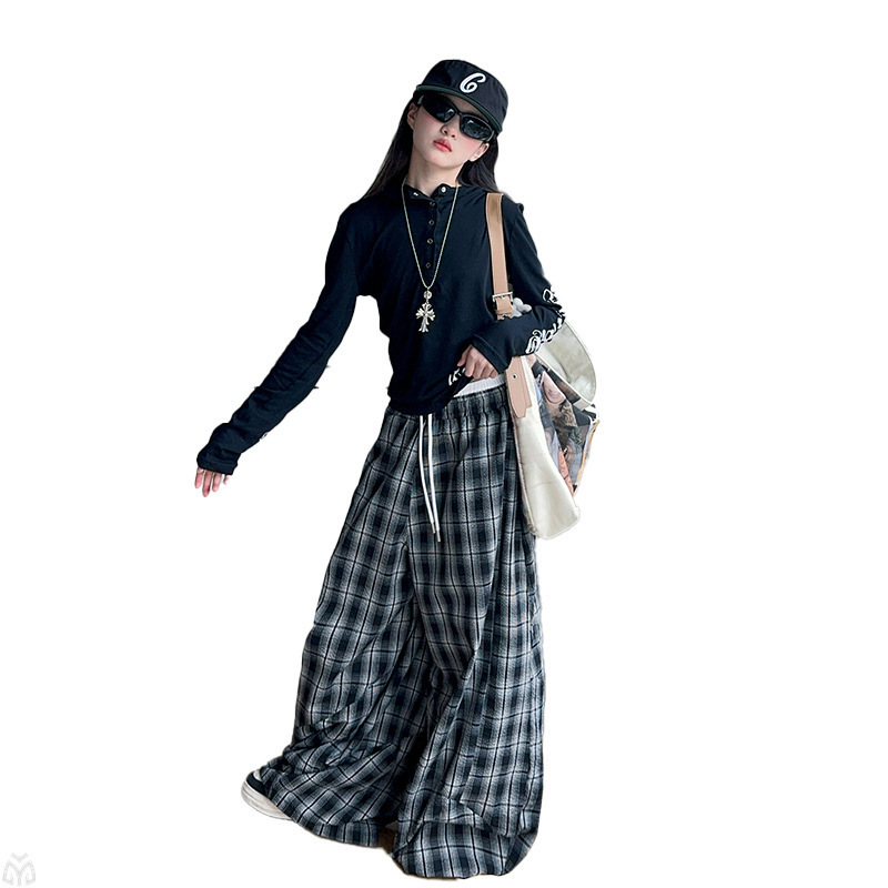 女童新款复古美式拼色格子裤女孩爵士舞时尚演出套装儿童休闲时装|undefined