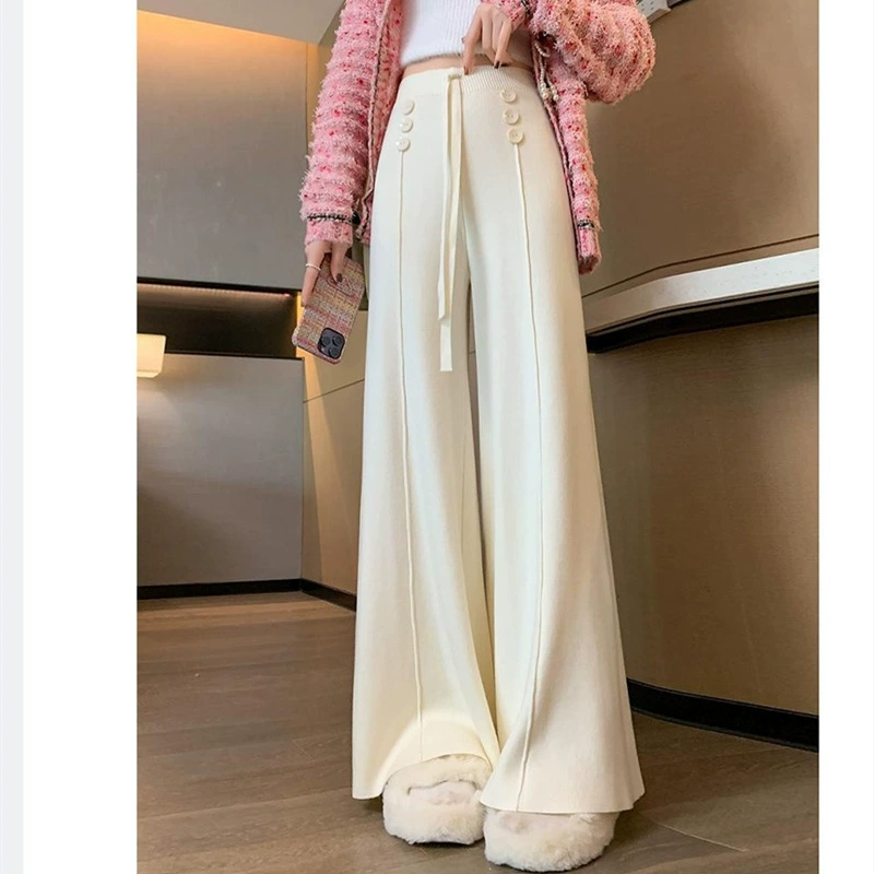 2023 осенне-зимние Новые Вязаные широкие брюки с высокой талией и драпировкой, женские универсальные свободные прямые повседневные брюки для похудения