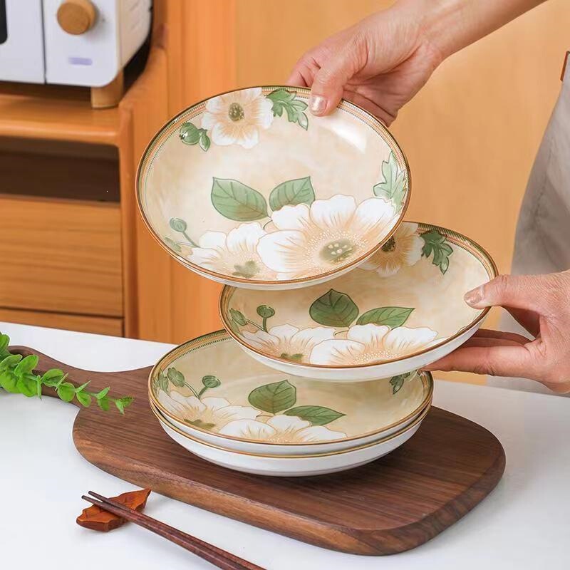 7inch Set of 10 Camellia-patterned Underglaze Dinner Bowls in Chinese Retro Style for Home Use, Easy to Clean 7inch Set of 10 Camellia-patterned Underglaze Dinner Bowls in Chinese Retro Style for Home Use, Easy to Clean