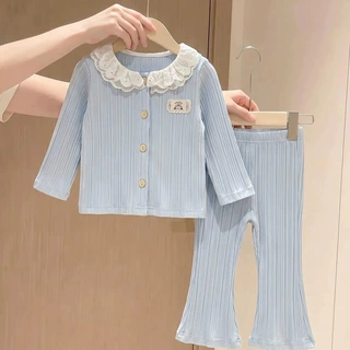 春秋款女童洋气韩版蕾丝领可爱宝宝外出服套装