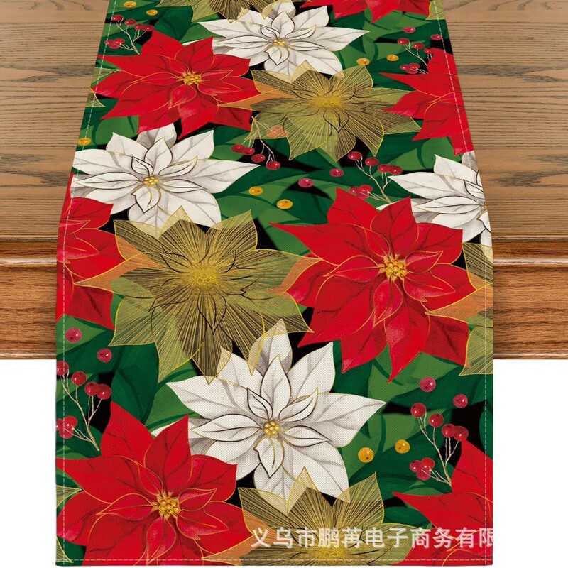 跨境新款圣诞节桌旗厂家水彩一品红铜铃铛雪人圣诞树花卉耶稣降临|undefined