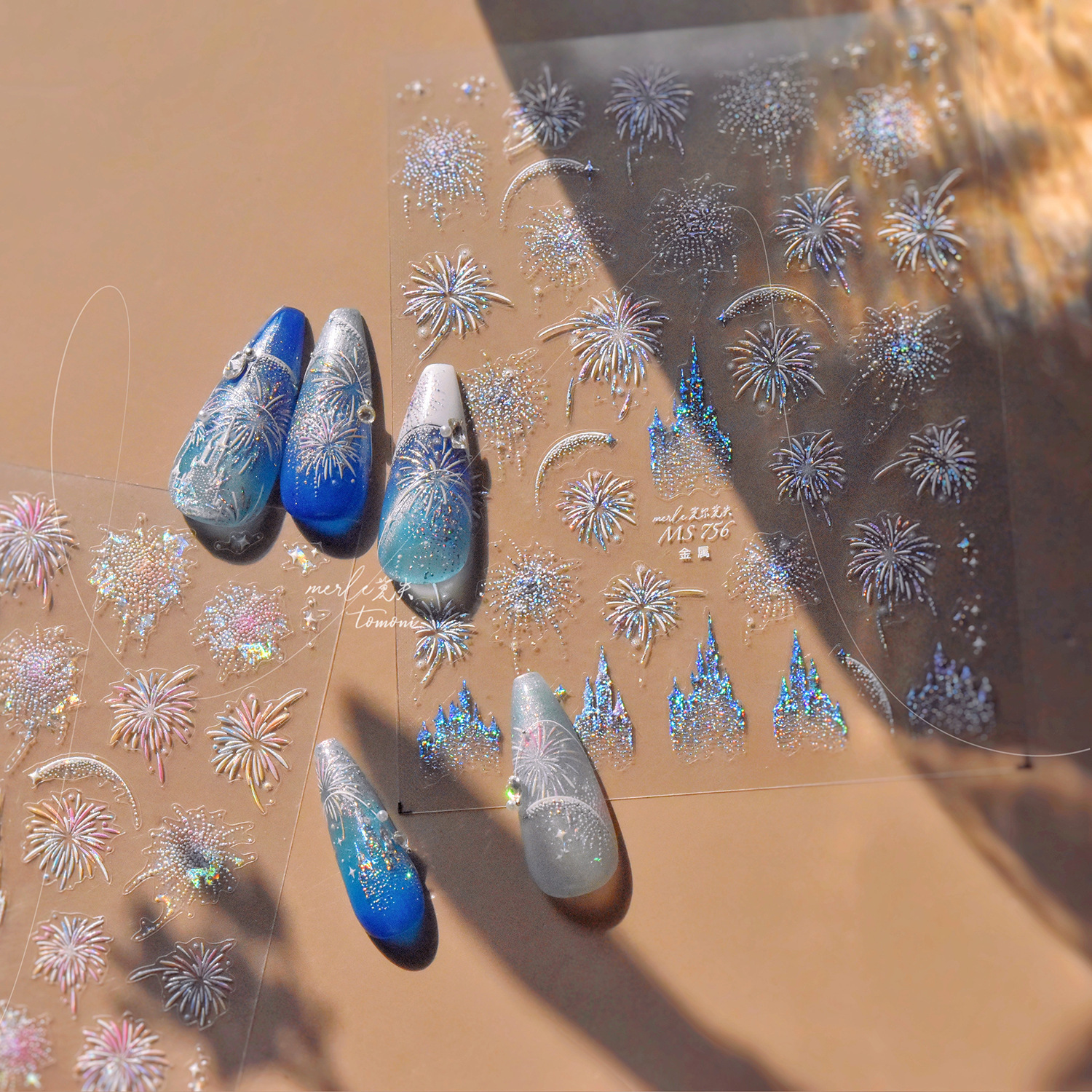 Año Nuevo espléndido fuegos artificiales en relieve pegamento de espalda decoración de uñas Fuegos artificiales de Año Nuevo castillo conchas de luz pegatinas de uñas