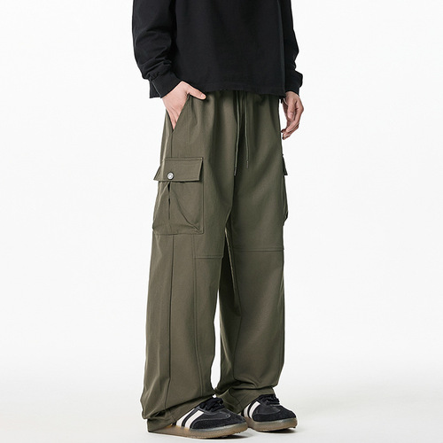 Split and Spliced Design Casual Pants Spring Japanese Style Loose Double Three-Dimensional Pockets Straight-Leg Long Trousers