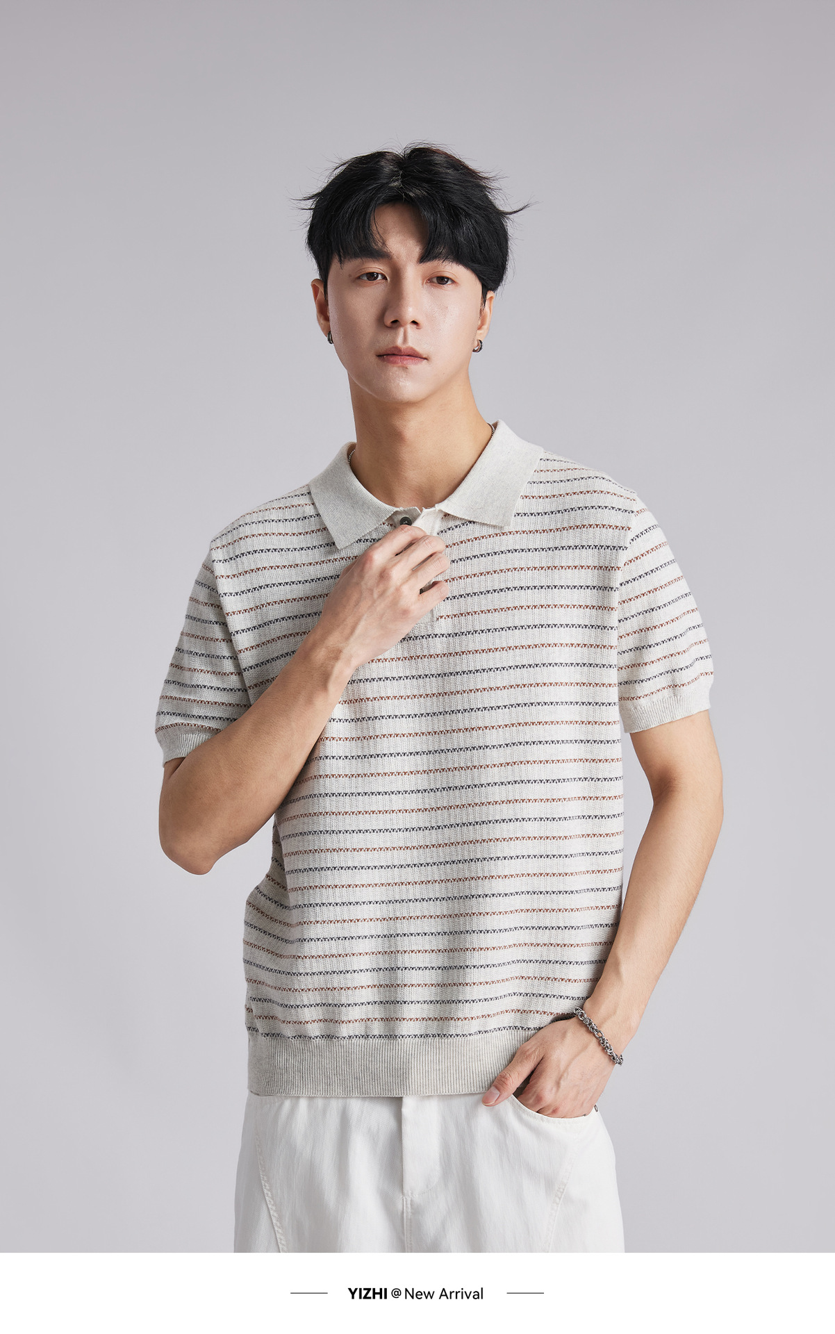 Áo polo nam dệt kim cotton sọc ngắn tay, phong cách old money, form ôm thoáng khí — Hạnh nhân sọc chi tiết 9