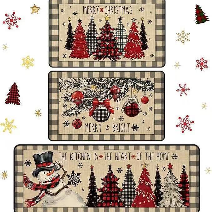 Cross-border Christmas kitchen floor mat three-piece set, corridor dirt-resistant and wear-resistant foot mat, home use long strip dustproof decorative floor mat