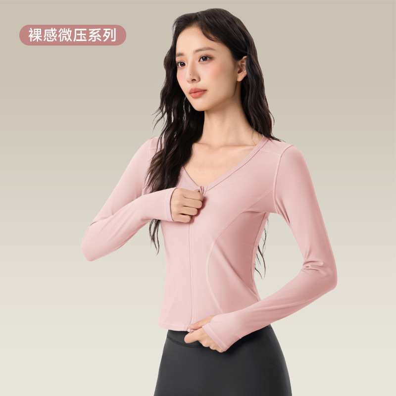 Yoga Jacket Women's Outdoor Nude Slimming Look Sports Long-Sleeved V Neck Running Aerobics Zipper Fitness Top