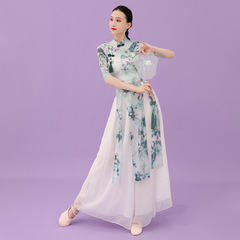 2022 Summer Super Fairy Collar Fringe Ink Painting Qipao Style Dance Wear Elegant Large Floral Classical Oriental Dance Wear 