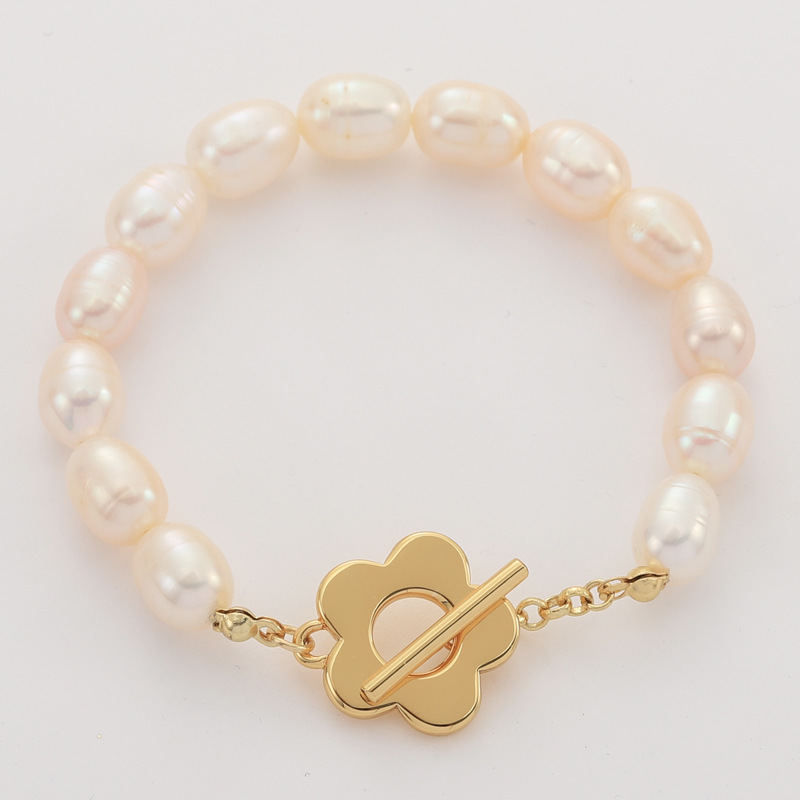 Copper Gold Flower natural freshwater pearl bracelet female otbuckle bracelet European and American fashion all-match temperament bracelet wholesale