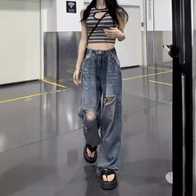 美式韩版时尚破洞牛仔裤女夏季高腰显瘦个性调节扣设计直筒阔腿裤