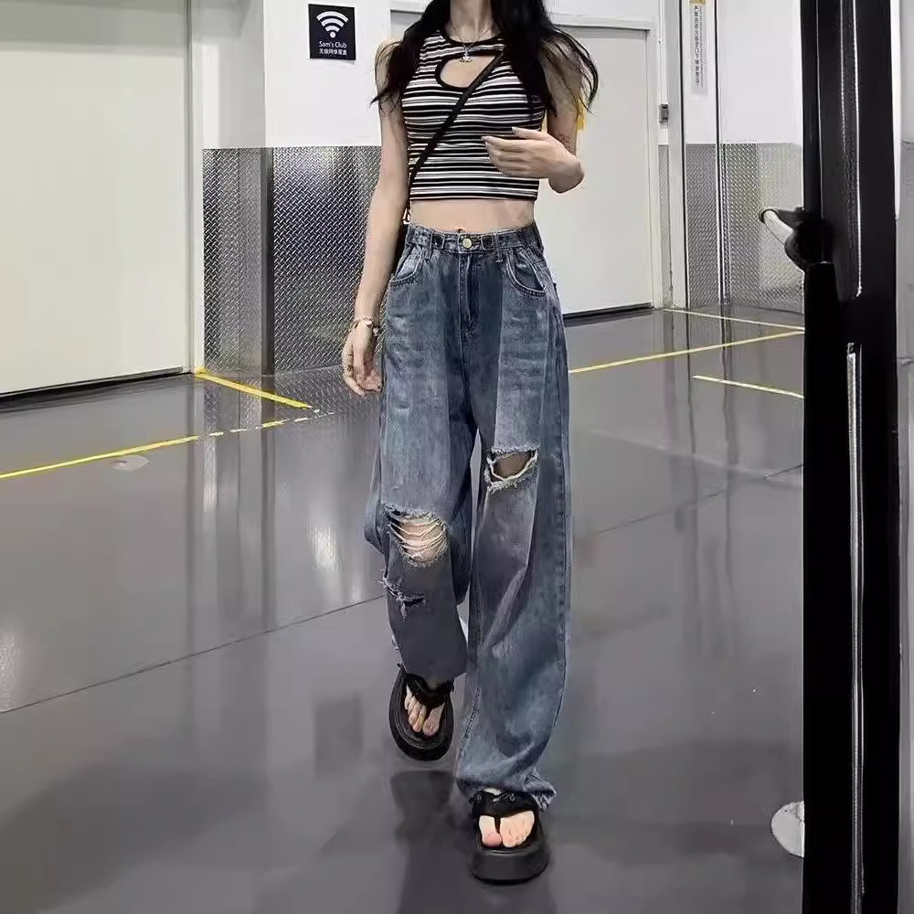 美式韩版时尚破洞牛仔裤女夏季高腰显瘦个性调节扣设计直筒阔腿裤