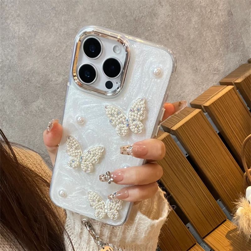 日韩ins珍珠蝴蝶苹果16手机壳iPhone17ProMax女15Pro防摔14立体17