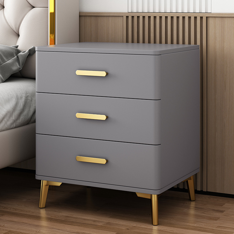 Mesita de noche con tres cajones de madera maciza, tablero de roca, estilo moderno y sencillo, gabinete elevado de tres niveles, gabinete de almacenamiento para dormitorio principal, acabado lacado.