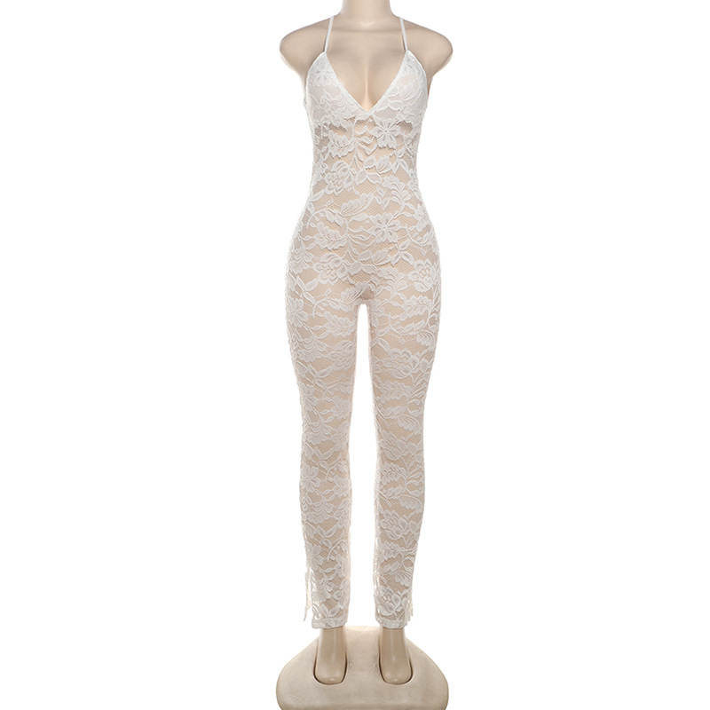 Summer Women Collection Sexy Deep V Plunge Sling Backless Lace See through Tight Jumpsuit