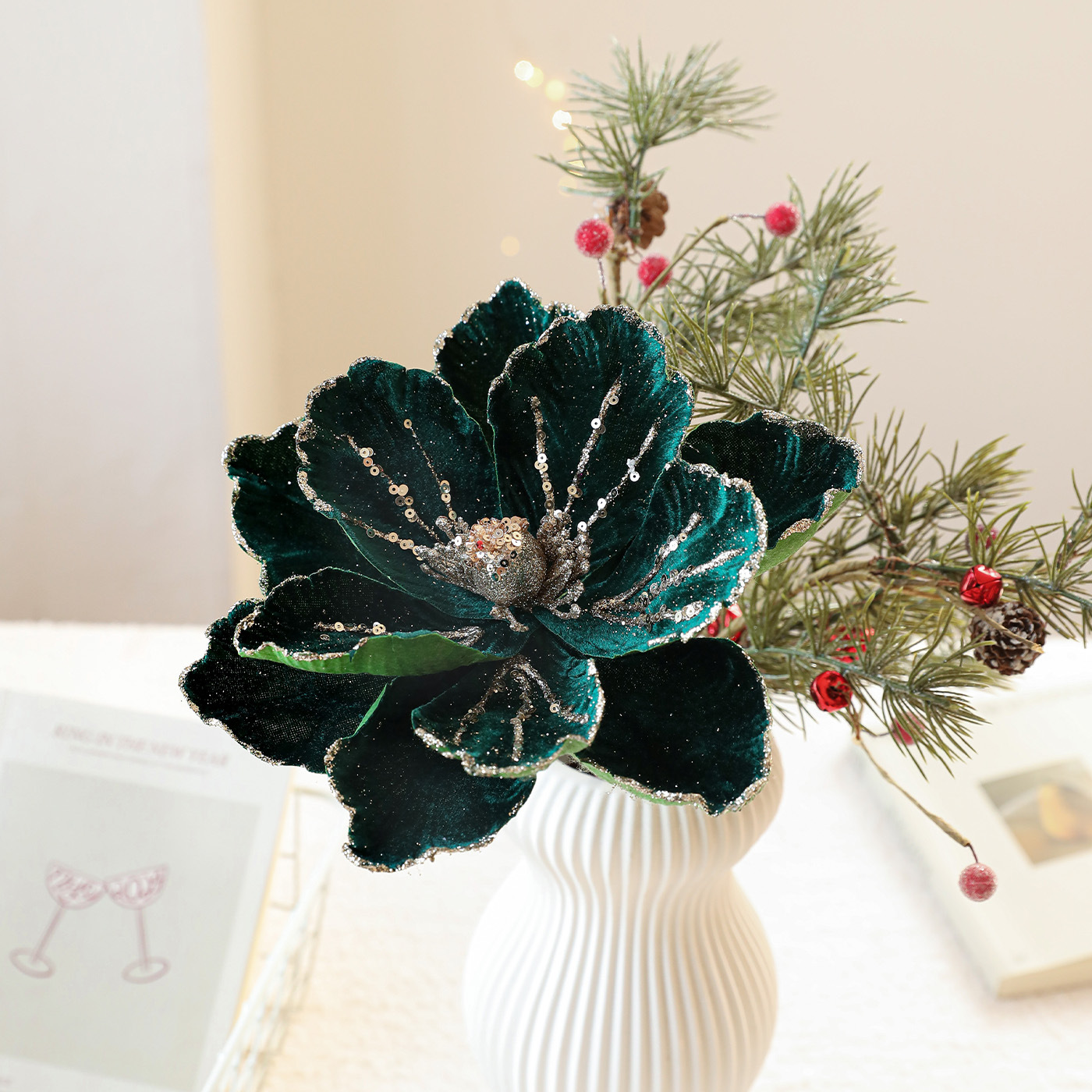 Flores de Navidad de alta calidad flores de simulación lujosas flocado polvo de oro magnolia escenario de decoración de flores