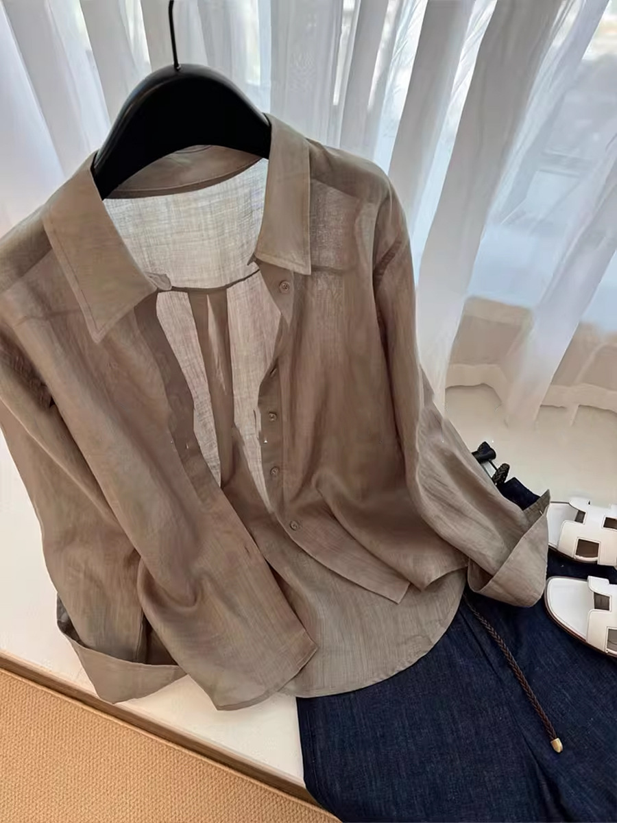 Áo sơ mi linen nữ phong cách cổ điển thiết kế rộng rãi chống nắng mùa hè — Màu cà phê khói
