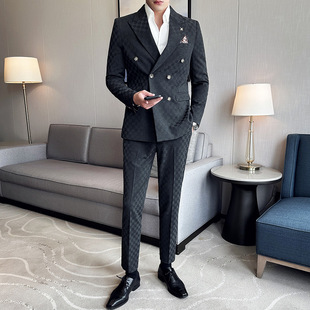 2023 Korean style slim fit fashion trendy suit plaid double breasted suit suit youth fashion suit two-piece suit