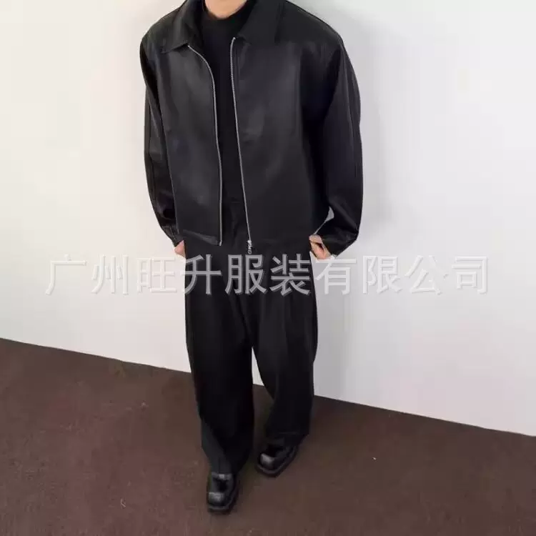 跨境外贸美式个性街头简约黑色短款夹克男潮流宽松休闲上衣翻领