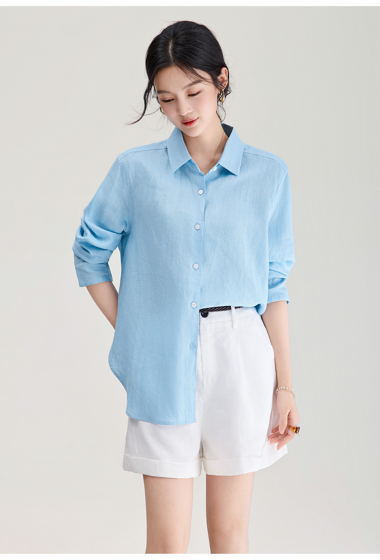Áo sơ mi nữ linen chất lượng cao, phong cách cổ điển thư giãn, dáng rộng mùa hè — Đỏ Vermilion chi tiết 32