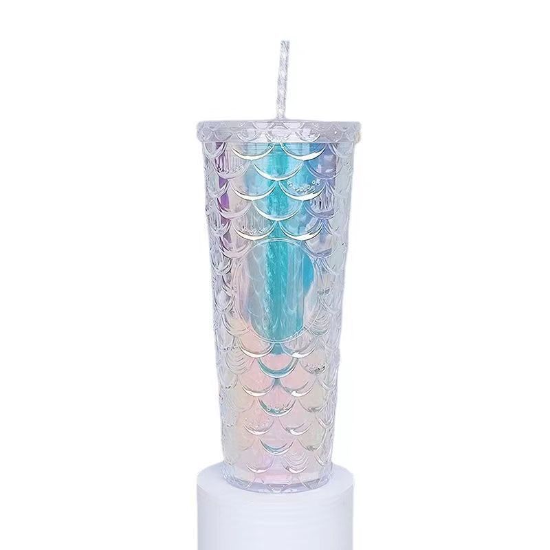 700ml large capacity creative fish scale sippy cup gradient colorful card double plastic cup portable student cup