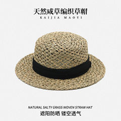 オールドマネーフラットトップハット天然塩草手織り麦わら帽子夏中空フレンチハットホリデースタイルサンハット