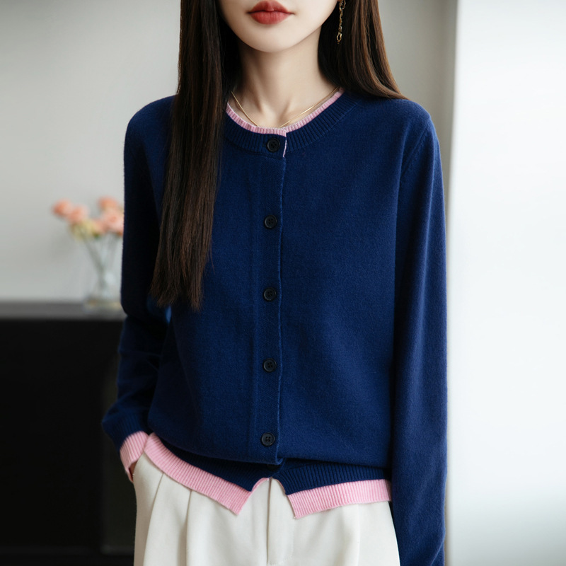 羊毛混纺2025秋冬新女宽松拼色圆领系扣假两件打底外穿针织衫外套|undefined