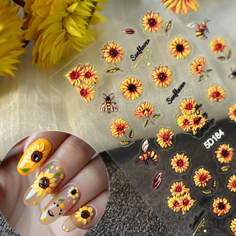 New sunflower relief nail art stickers 5D three-dimensional relief retro sweet cool sunflower nail decoration stickers