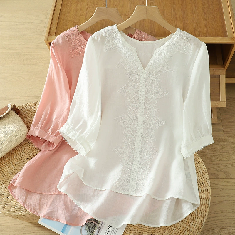 Летние женские рубашки 2025 года, новый ретро-этно стиль, улучшенный литературный дизайн, тонкие, свободные, повседневные, средней длины рукава.