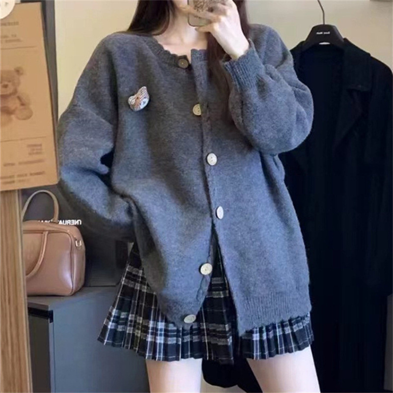 韩版可爱花边挂件小熊百搭针织女开衫秋冬新款简约大版毛衣女外套|undefined