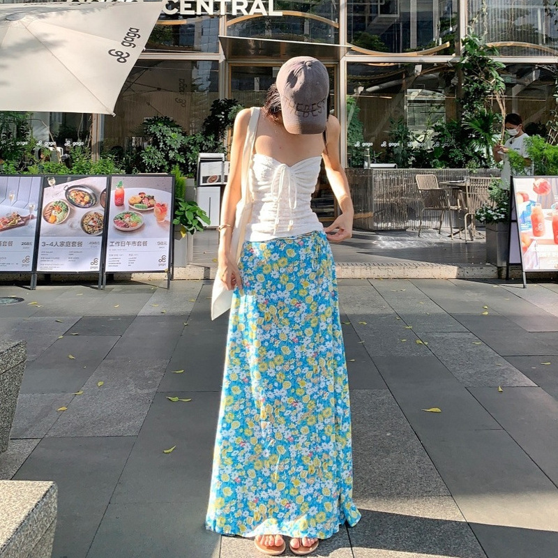 女性用巾着チューブトップ+ブルー花柄スカート夏の新しい海辺のリゾートスタイルのツーピーススーツ|undefined