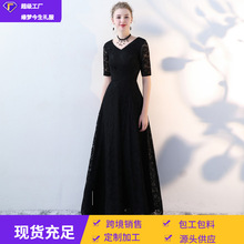黑色晚礼服女2025冬新款优雅蕾丝派对连衣裙长款修身显瘦年会礼服