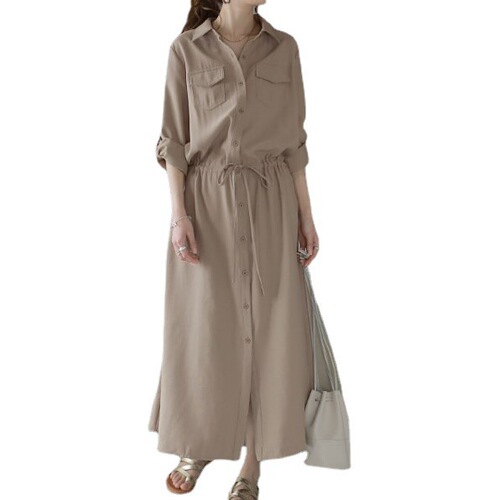 Autumn new arrival Japanese-style pocket long-sleeved mid-length casual lapel dress, patchwork shirt dress